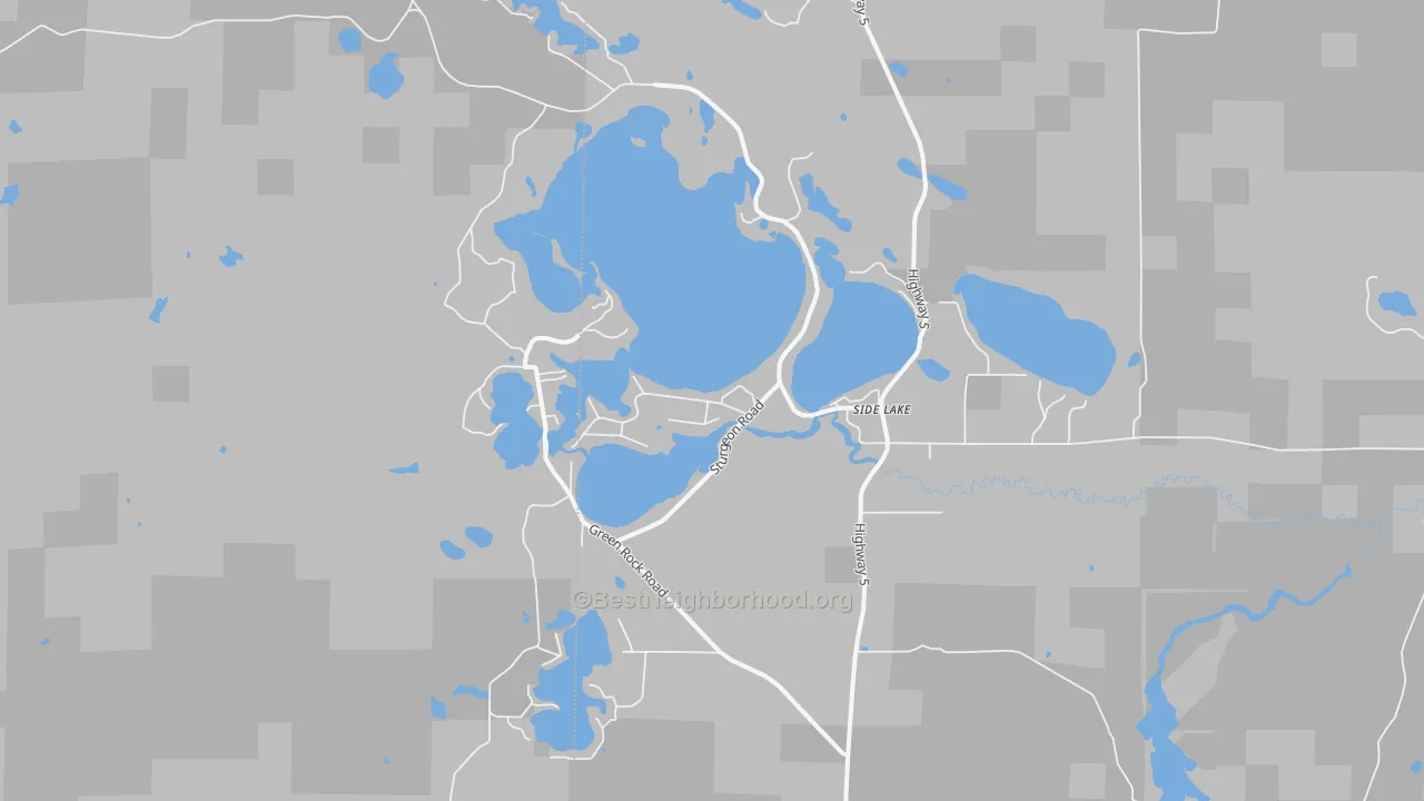 Walk Grade map of 55781, MN, walkable areas in green and car-dependent areas in red