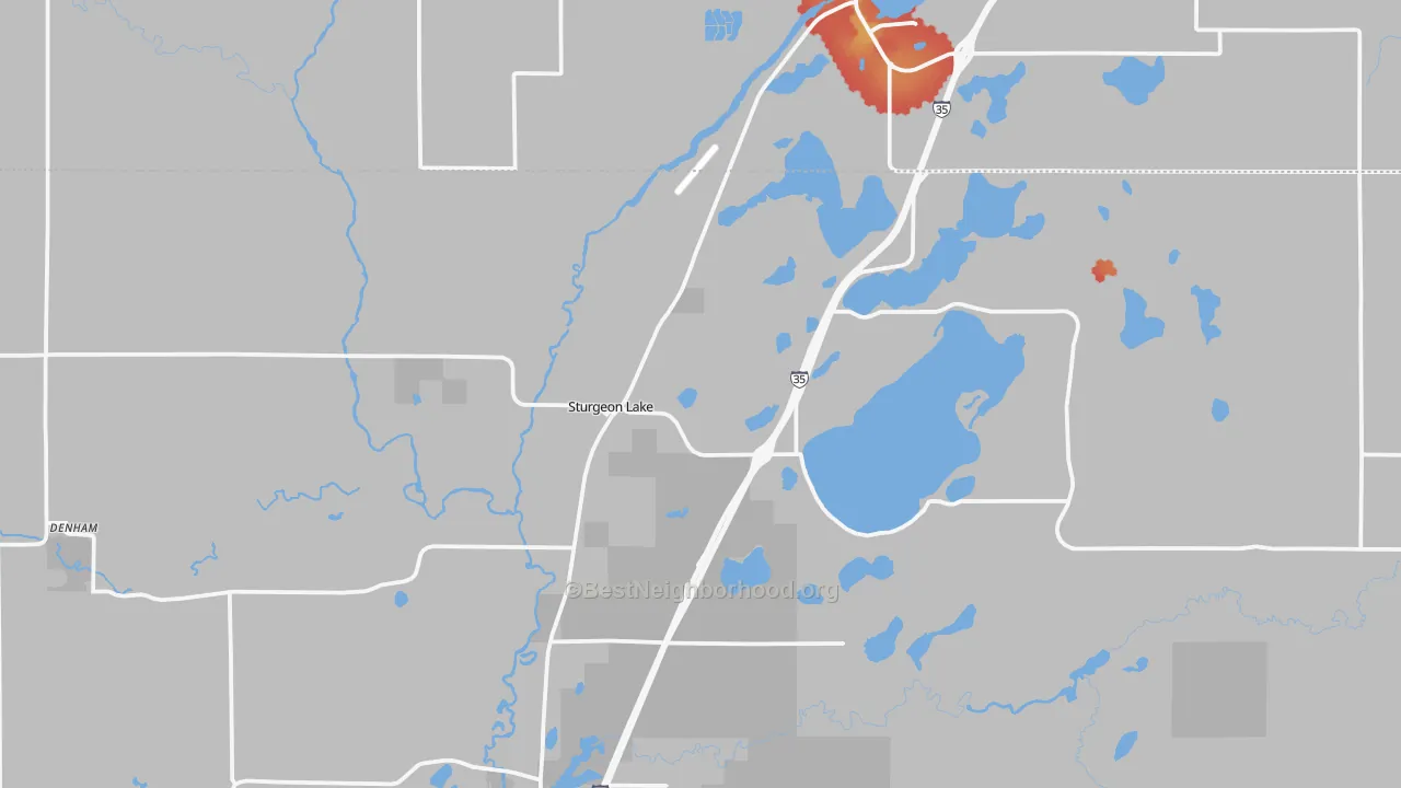 Walk Grade map of 55783, MN, walkable areas in green and car-dependent areas in red