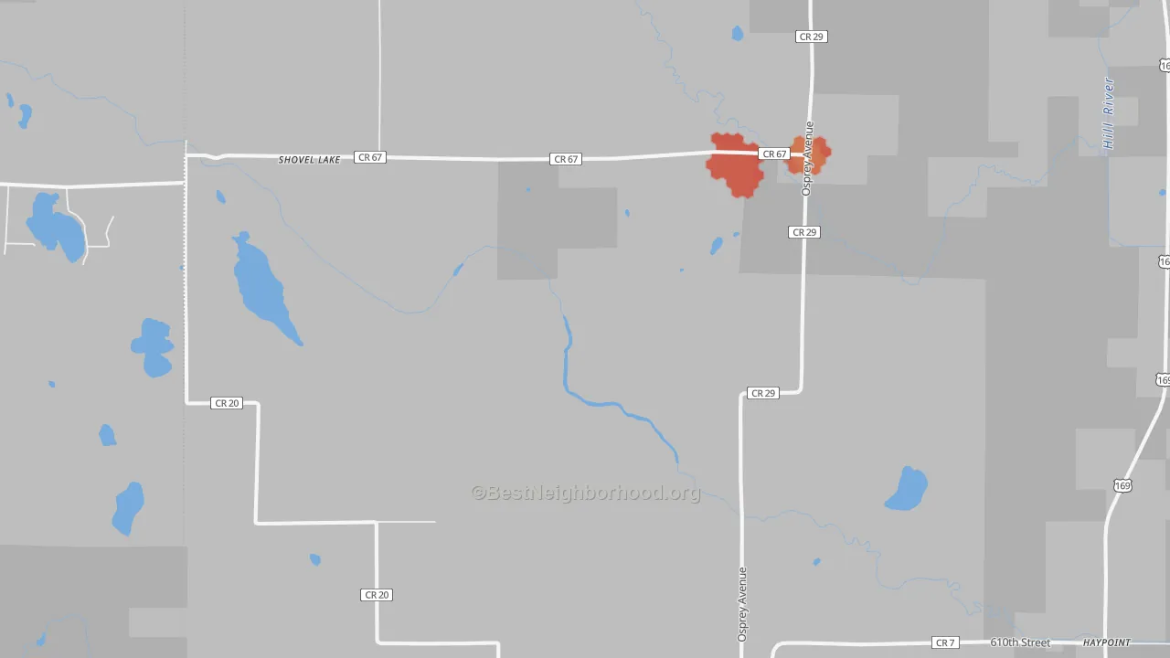 Walk Grade map of 55785, MN, walkable areas in green and car-dependent areas in red