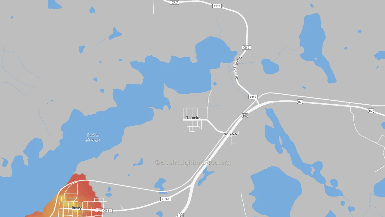 Walk Grade map of 55786, MN, walkable areas in green and car-dependent areas in red