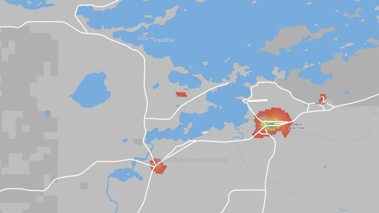Walk Grade map of 55790, MN, walkable areas in green and car-dependent areas in red