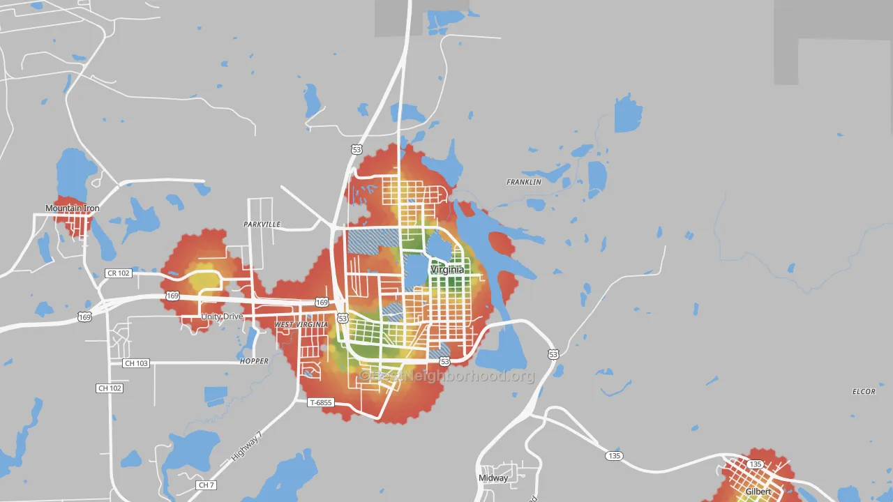 Walk Grade map of 55792, MN, walkable areas in green and car-dependent areas in red