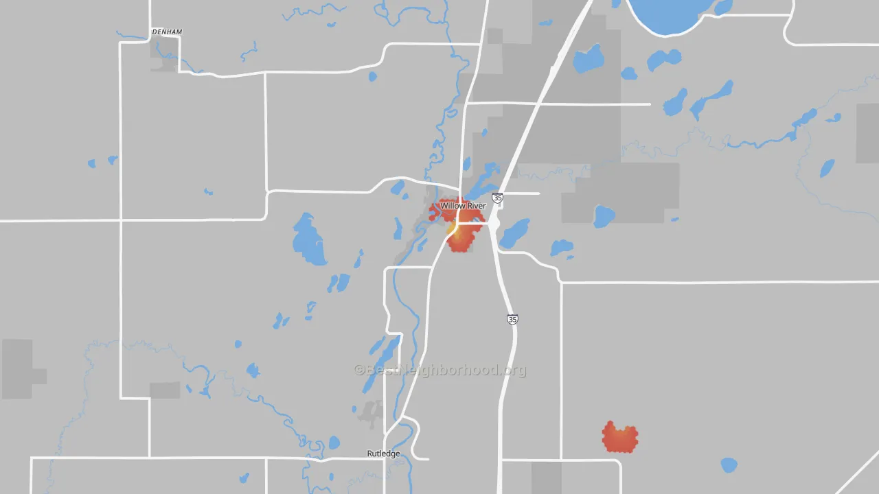 Walk Grade map of 55795, MN, walkable areas in green and car-dependent areas in red