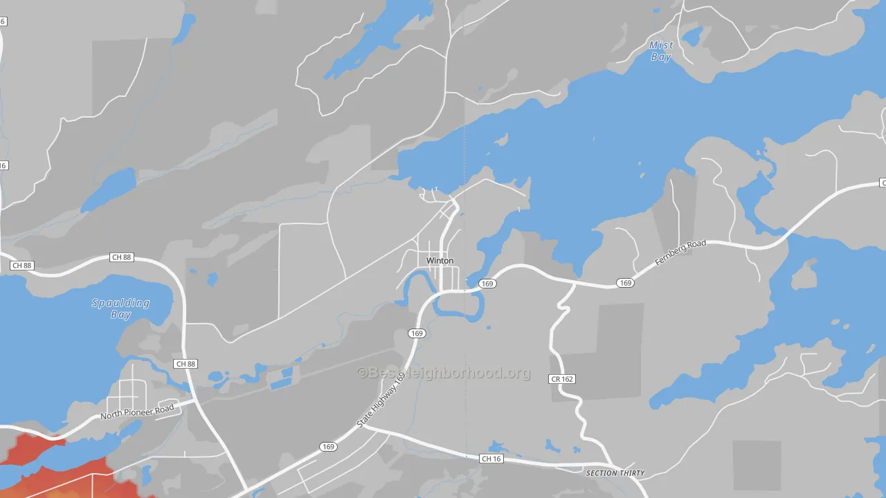 Walk Grade map of 55796, MN, walkable areas in green and car-dependent areas in red