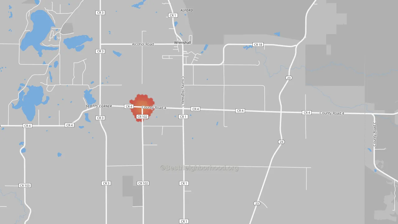 Walk Grade map of 55797, MN, walkable areas in green and car-dependent areas in red