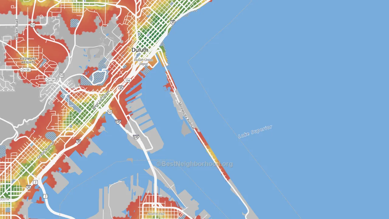 Walk Grade map of 55802, MN, walkable areas in green and car-dependent areas in red