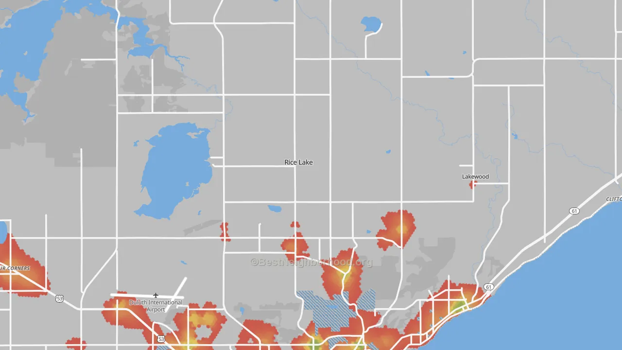 Walk Grade map of 55803, MN, walkable areas in green and car-dependent areas in red