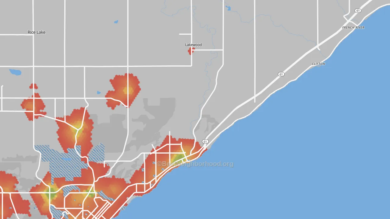 Walk Grade map of 55804, MN, walkable areas in green and car-dependent areas in red