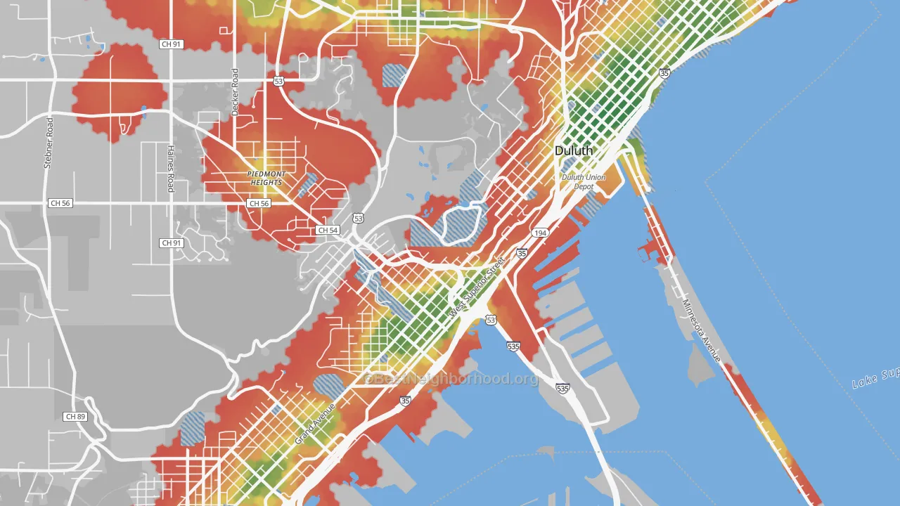 Walk Grade map of 55806, MN, walkable areas in green and car-dependent areas in red