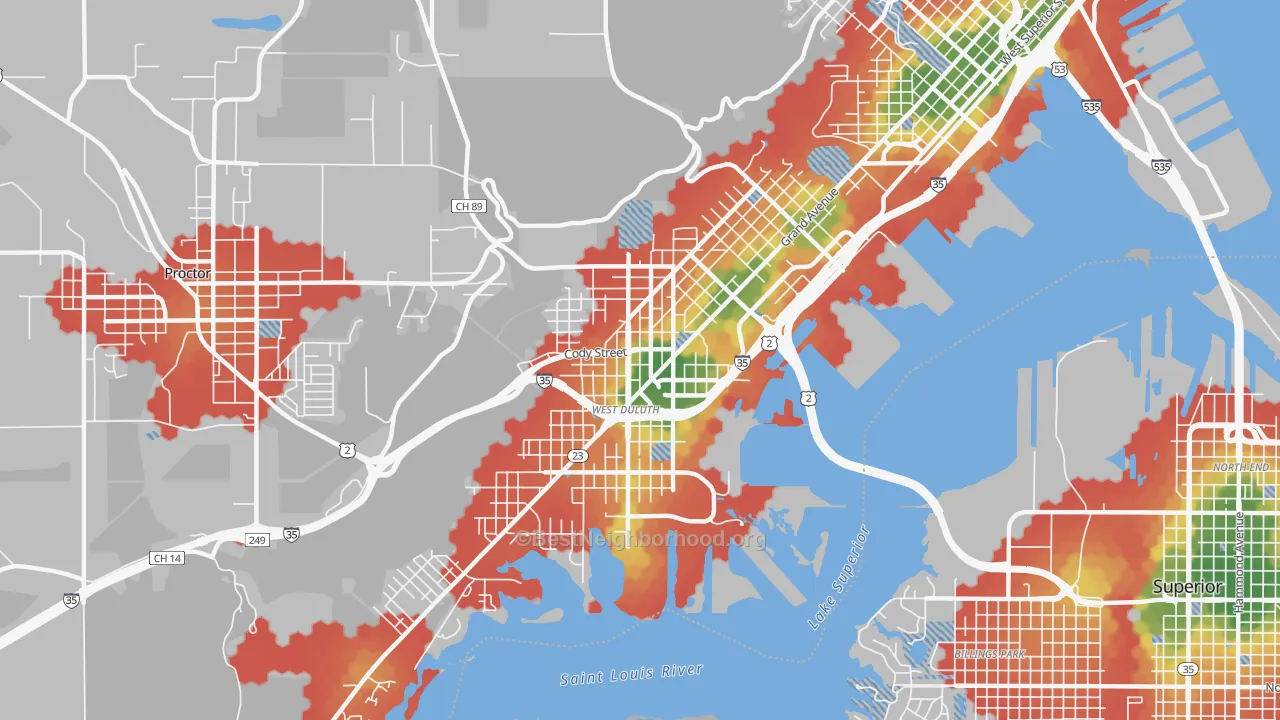 Walk Grade map of 55807, MN, walkable areas in green and car-dependent areas in red