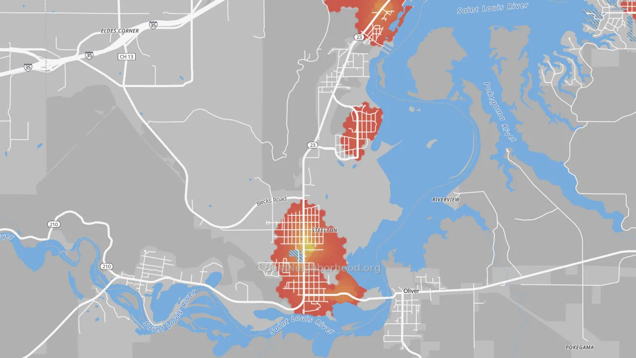 Walk Grade map of 55808, MN, walkable areas in green and car-dependent areas in red