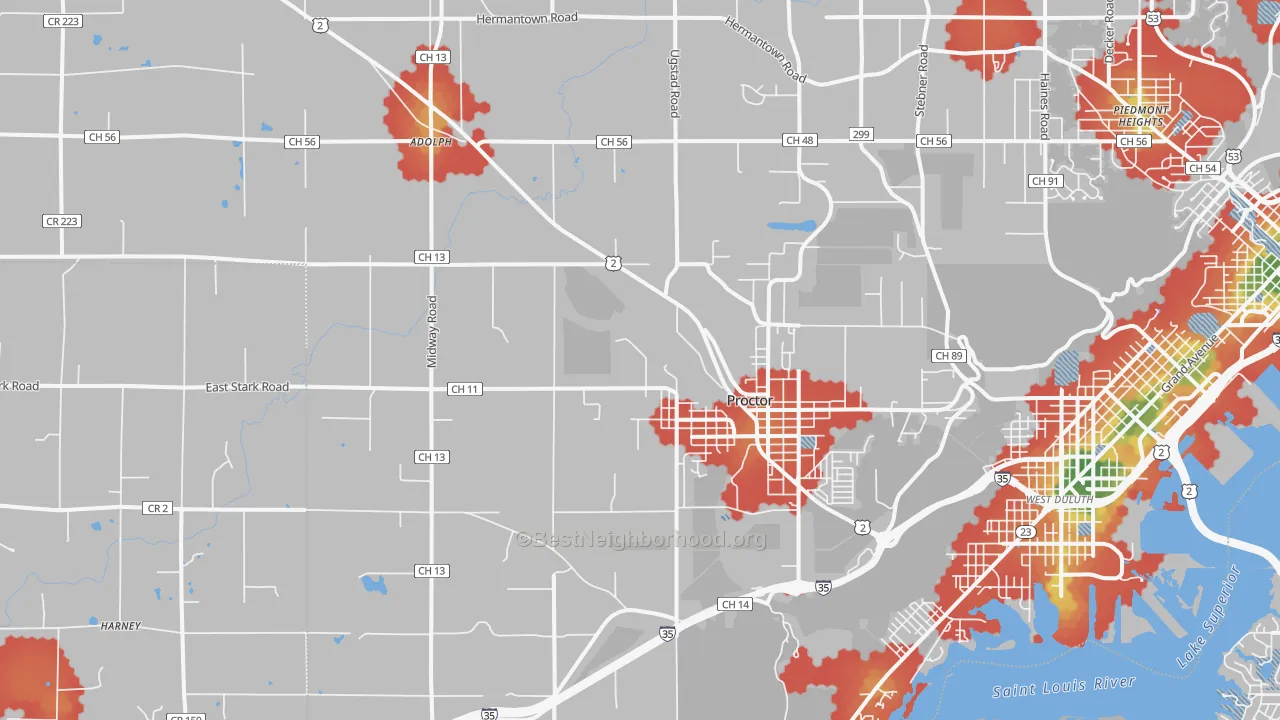 Walk Grade map of 55810, MN, walkable areas in green and car-dependent areas in red