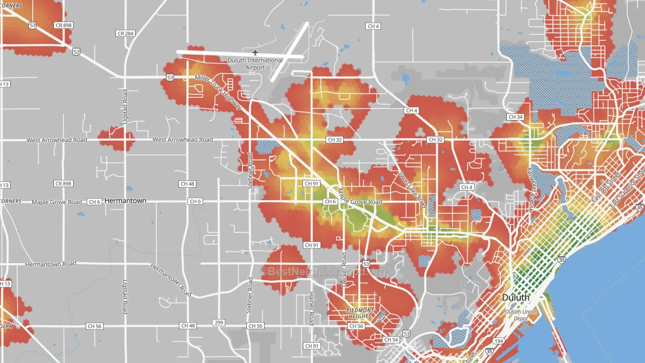 Walk Grade map of 55811, MN, walkable areas in green and car-dependent areas in red
