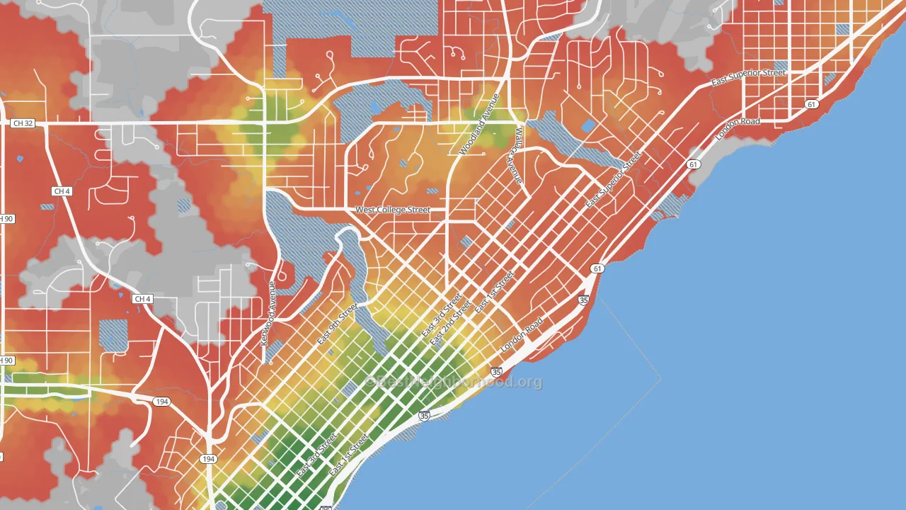 Walk Grade map of 55812, MN, walkable areas in green and car-dependent areas in red