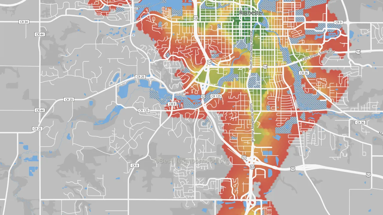 Walk Grade map of 55902, MN, walkable areas in green and car-dependent areas in red