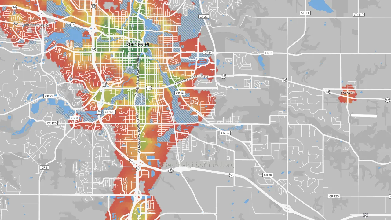 Walk Grade map of 55904, MN, walkable areas in green and car-dependent areas in red