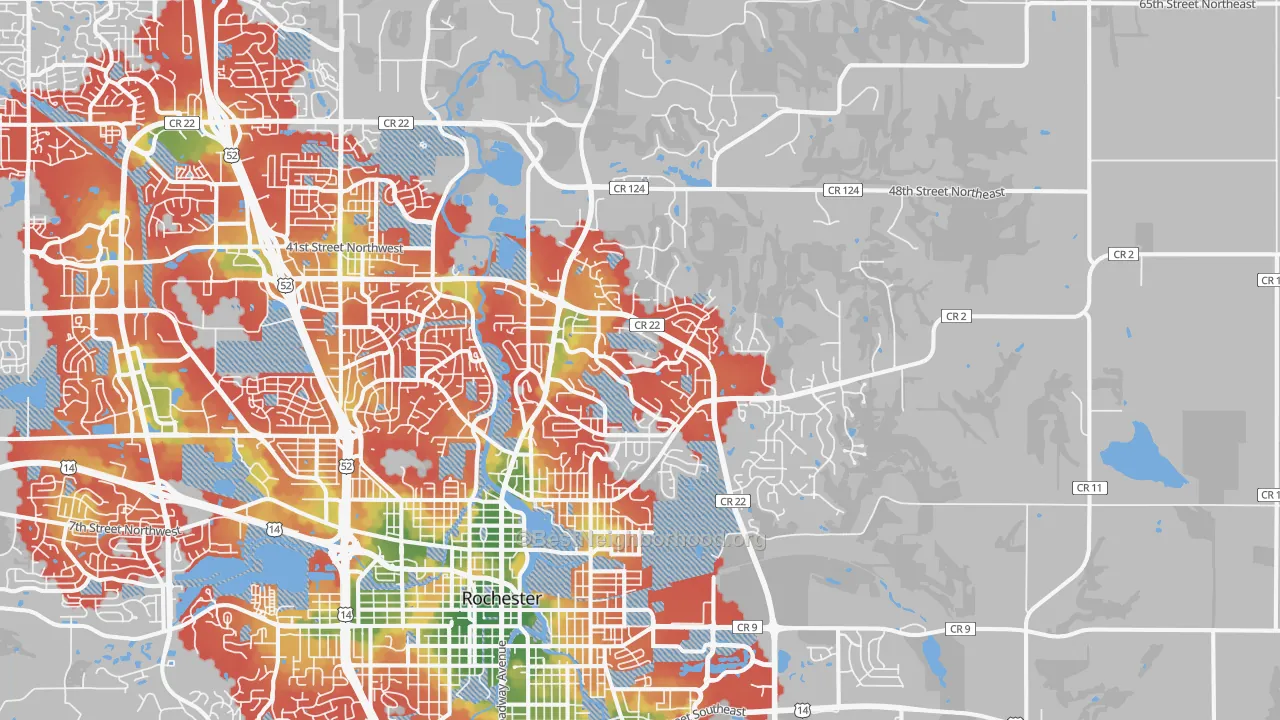 Walk Grade map of 55906, MN, walkable areas in green and car-dependent areas in red