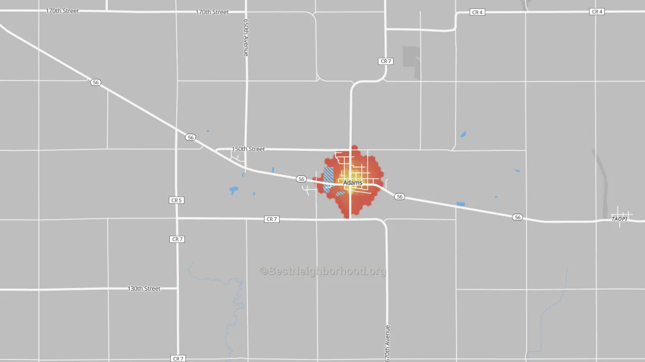 Walk Grade map of 55909, MN, walkable areas in green and car-dependent areas in red