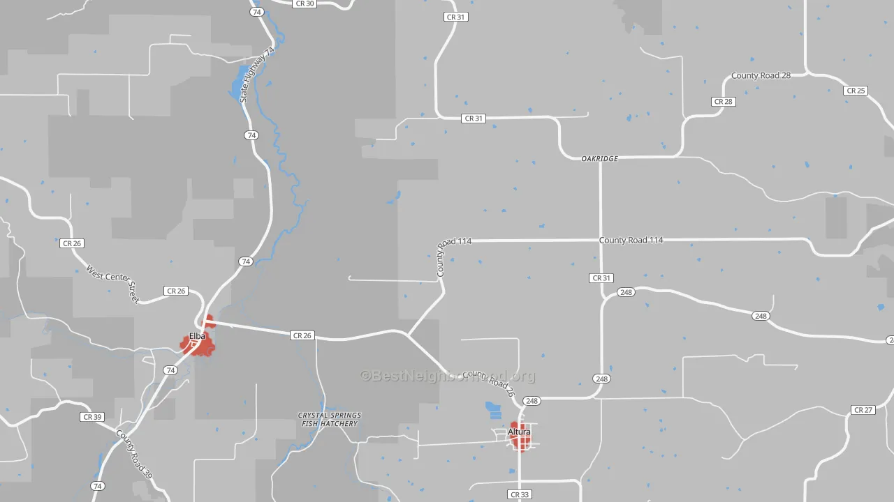 Walk Grade map of 55910, MN, walkable areas in green and car-dependent areas in red