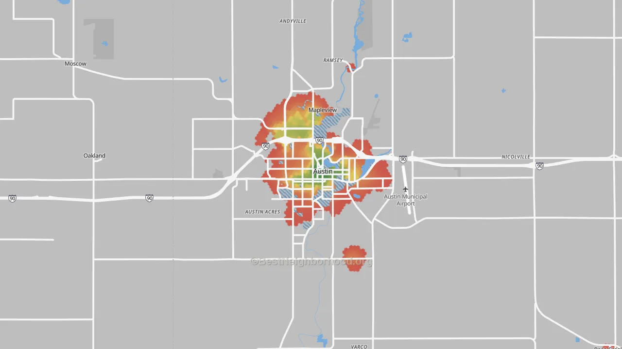 Walk Grade map of 55912, MN, walkable areas in green and car-dependent areas in red