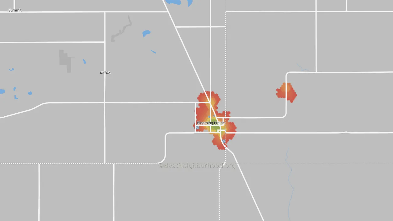 Walk Grade map of 55917, MN, walkable areas in green and car-dependent areas in red