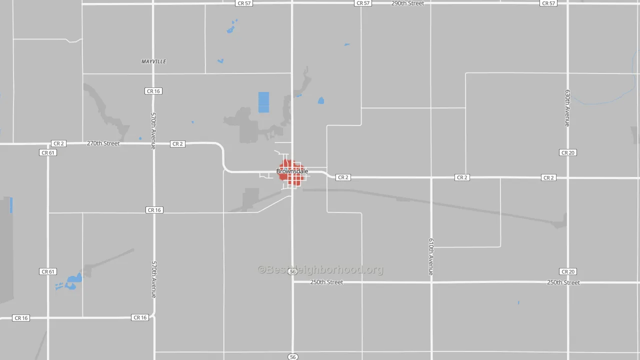 Walk Grade map of 55918, MN, walkable areas in green and car-dependent areas in red