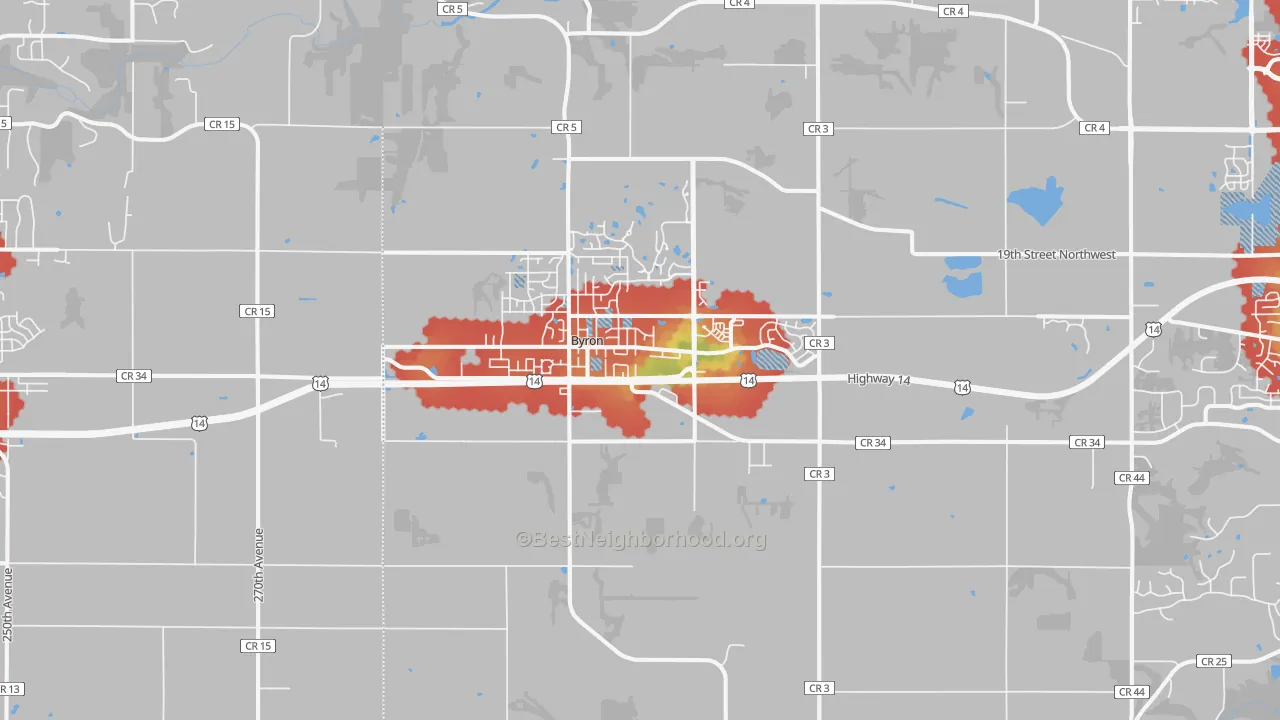 Walk Grade map of 55920, MN, walkable areas in green and car-dependent areas in red