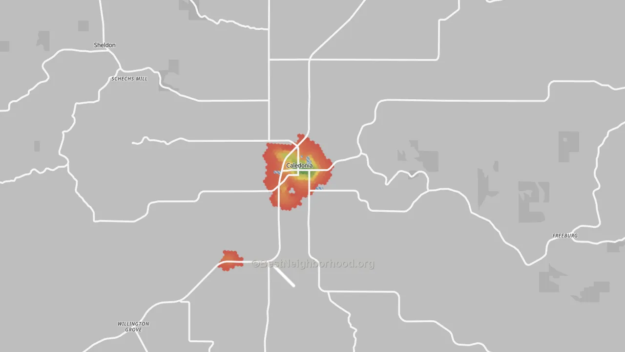 Walk Grade map of 55921, MN, walkable areas in green and car-dependent areas in red