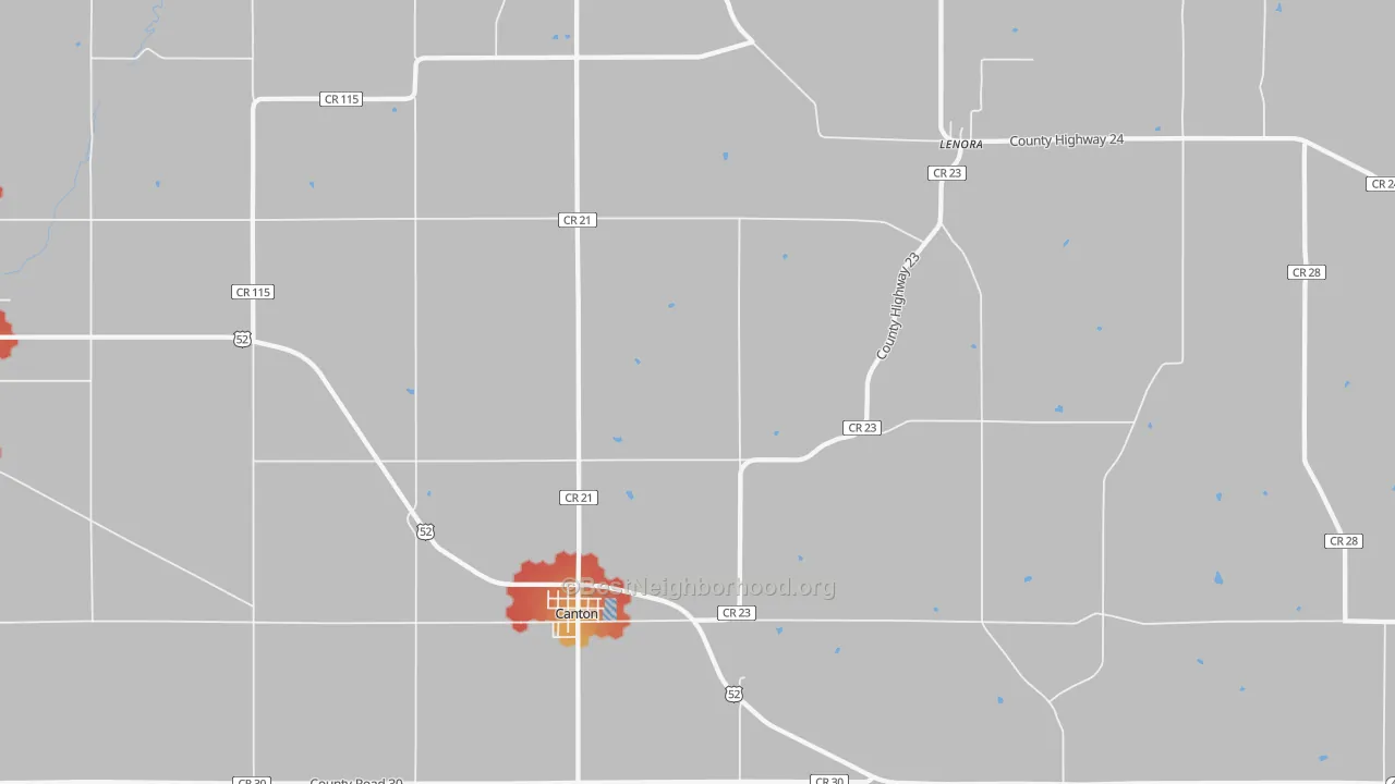 Walk Grade map of 55922, MN, walkable areas in green and car-dependent areas in red