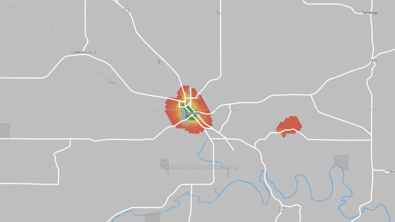Walk Grade map of 55923, MN, walkable areas in green and car-dependent areas in red