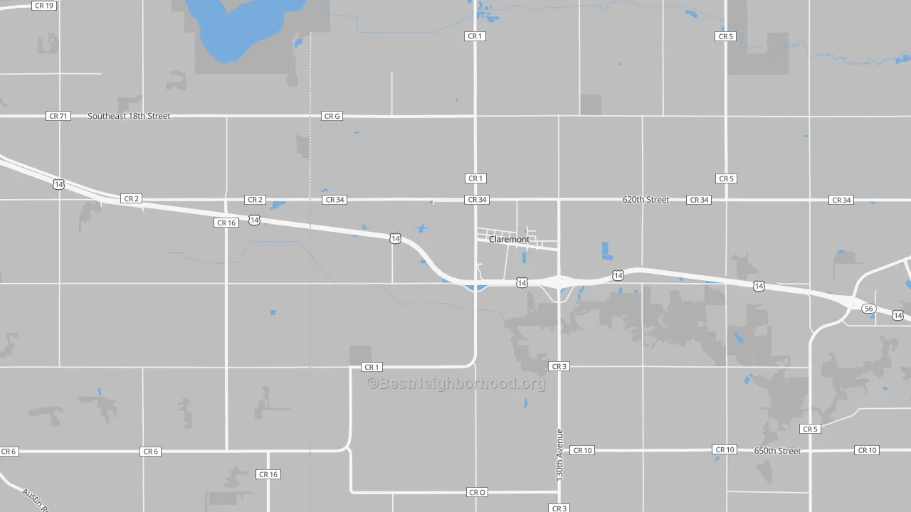 Walk Grade map of 55924, MN, walkable areas in green and car-dependent areas in red