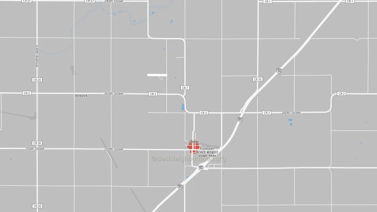 Walk Grade map of 55926, MN, walkable areas in green and car-dependent areas in red
