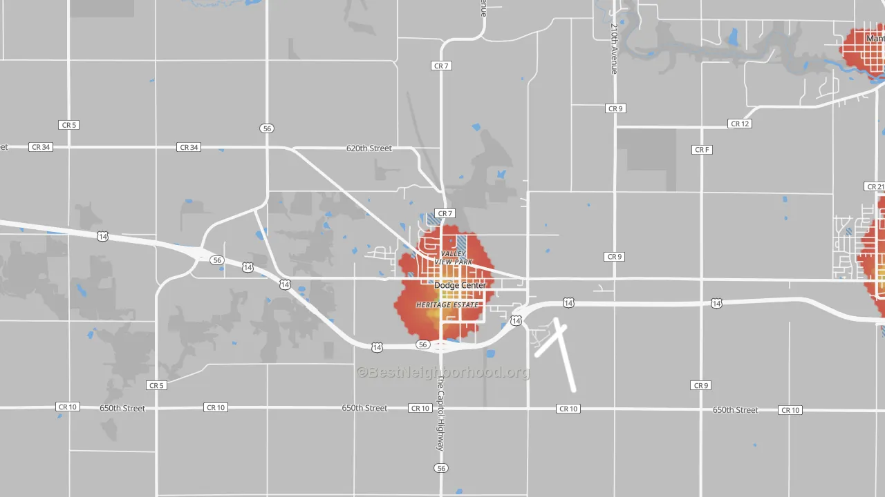 Walk Grade map of 55927, MN, walkable areas in green and car-dependent areas in red