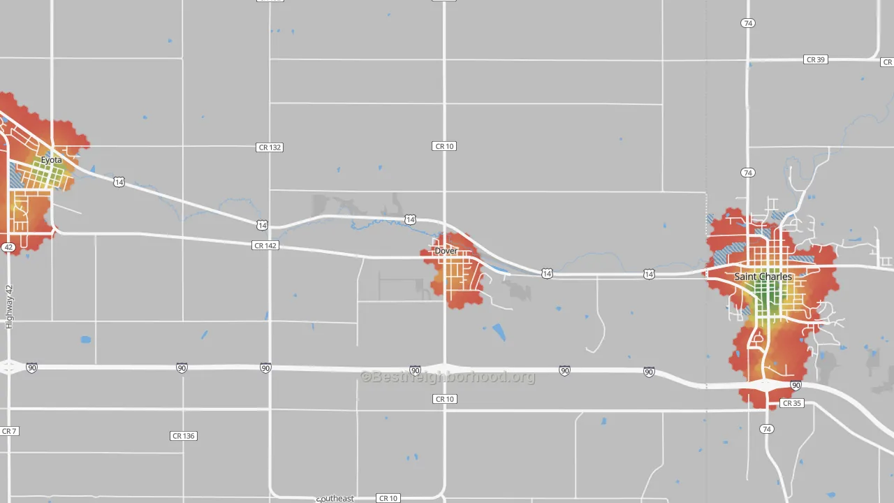 Walk Grade map of 55929, MN, walkable areas in green and car-dependent areas in red