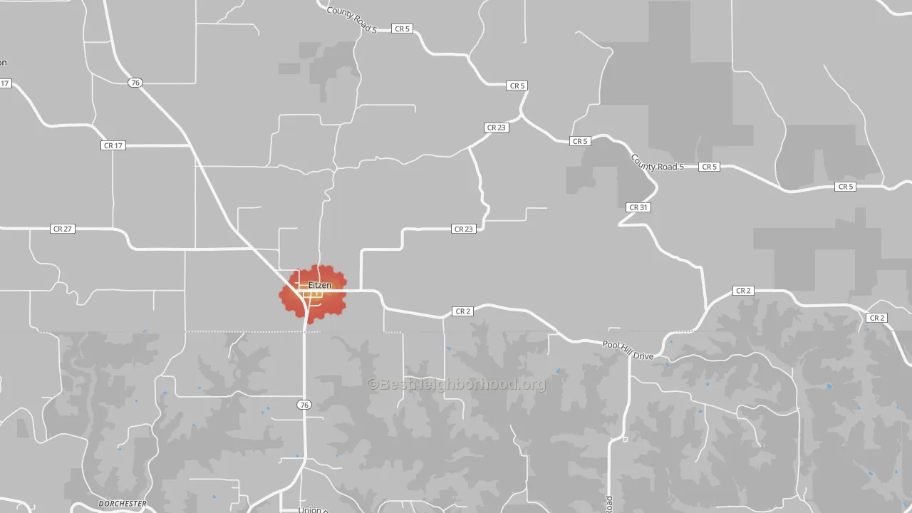 Walk Grade map of 55931, MN, walkable areas in green and car-dependent areas in red