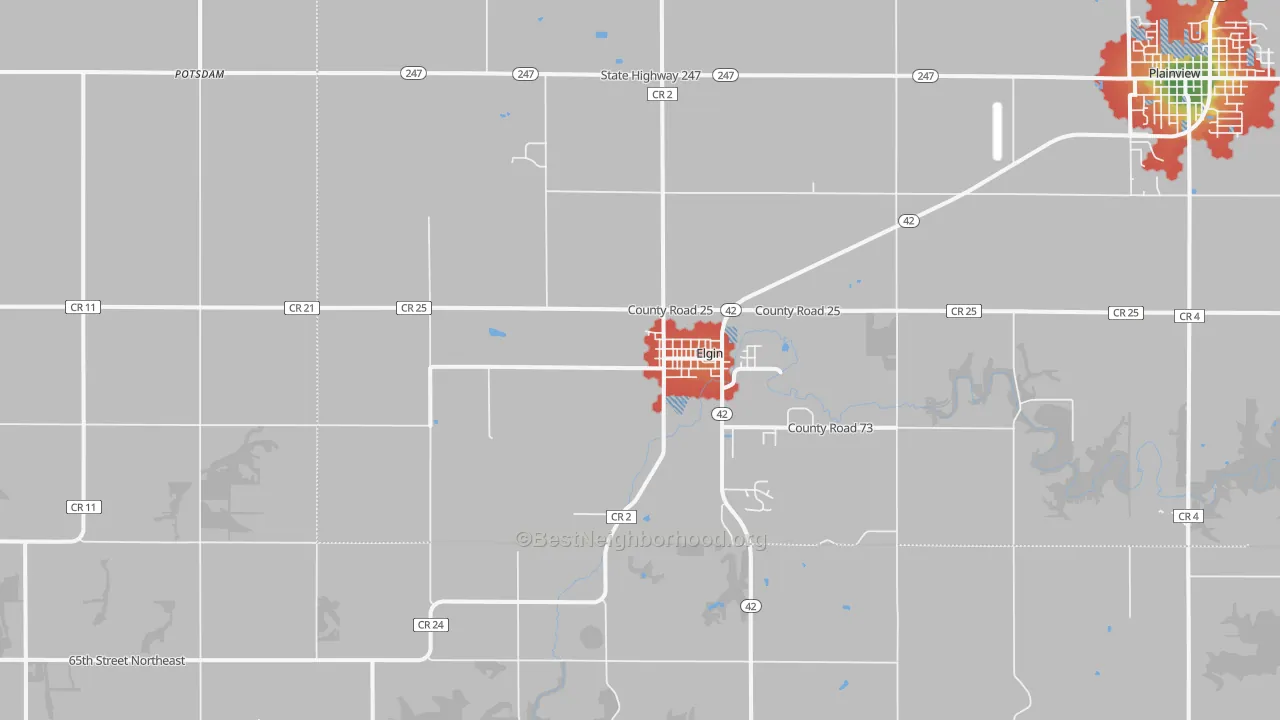 Walk Grade map of 55932, MN, walkable areas in green and car-dependent areas in red