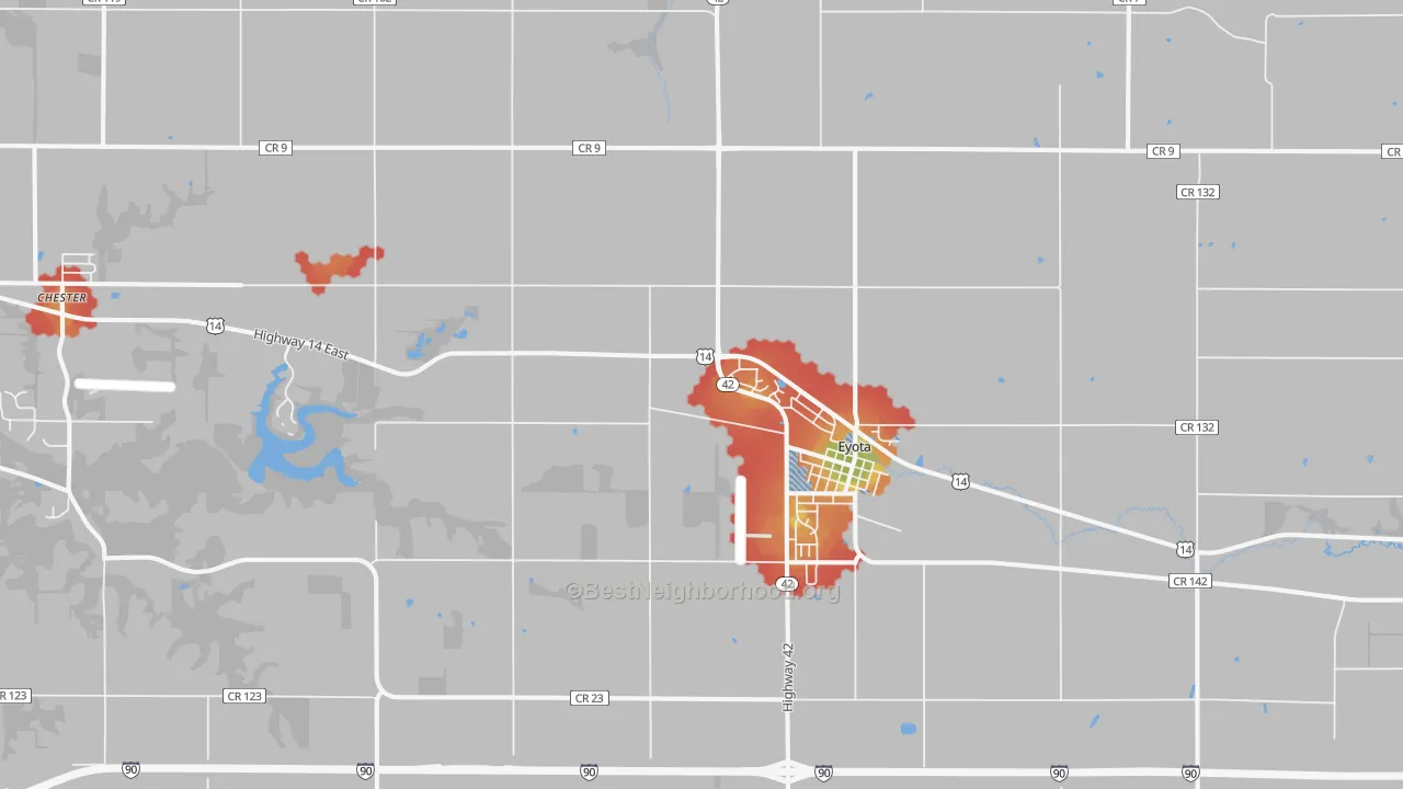 Walk Grade map of 55934, MN, walkable areas in green and car-dependent areas in red