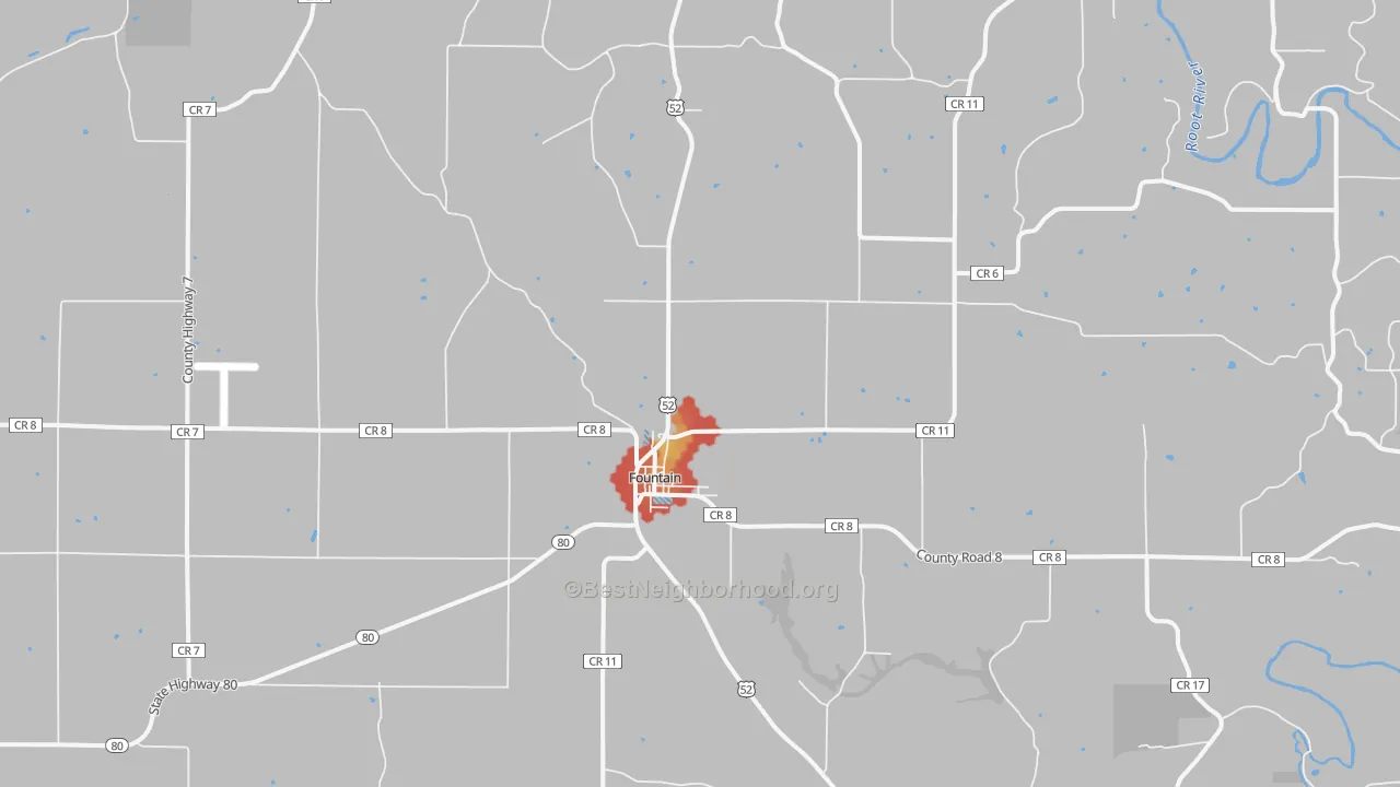 Walk Grade map of 55935, MN, walkable areas in green and car-dependent areas in red