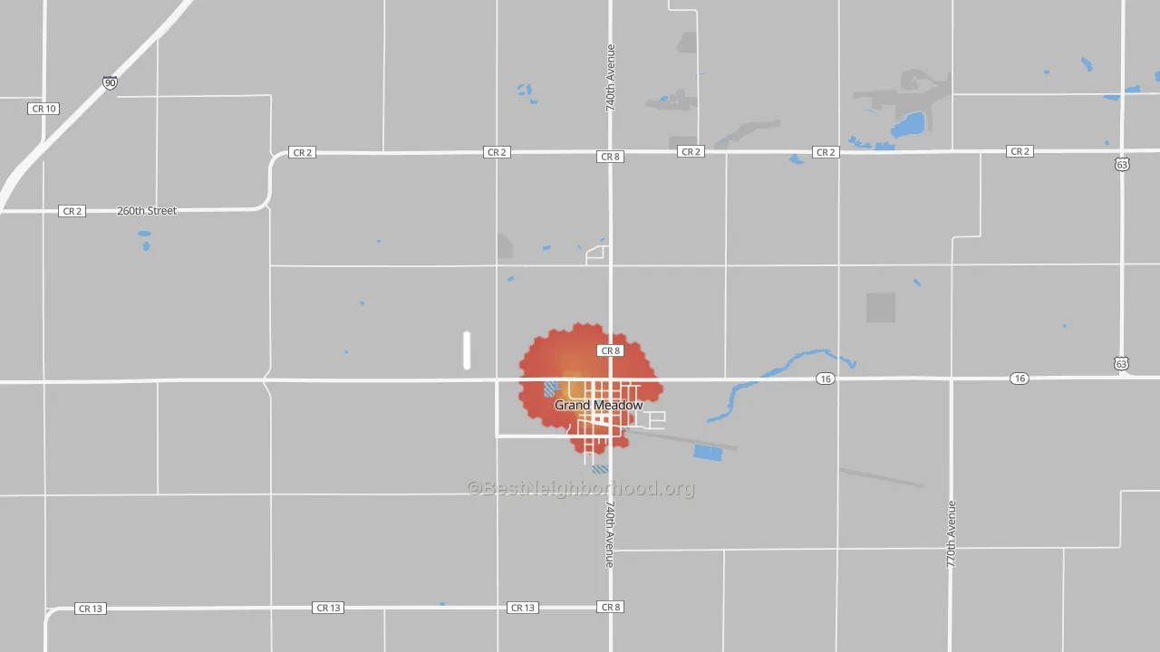 Walk Grade map of 55936, MN, walkable areas in green and car-dependent areas in red
