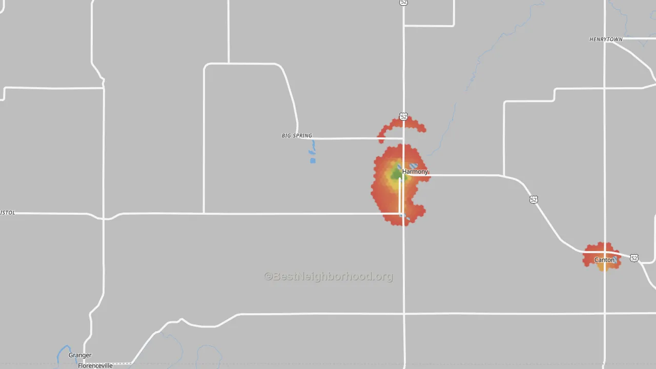 Walk Grade map of 55939, MN, walkable areas in green and car-dependent areas in red
