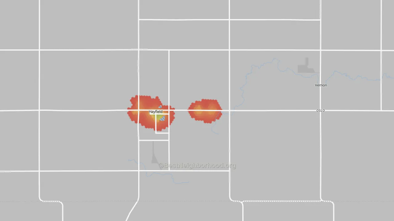 Walk Grade map of 55940, MN, walkable areas in green and car-dependent areas in red