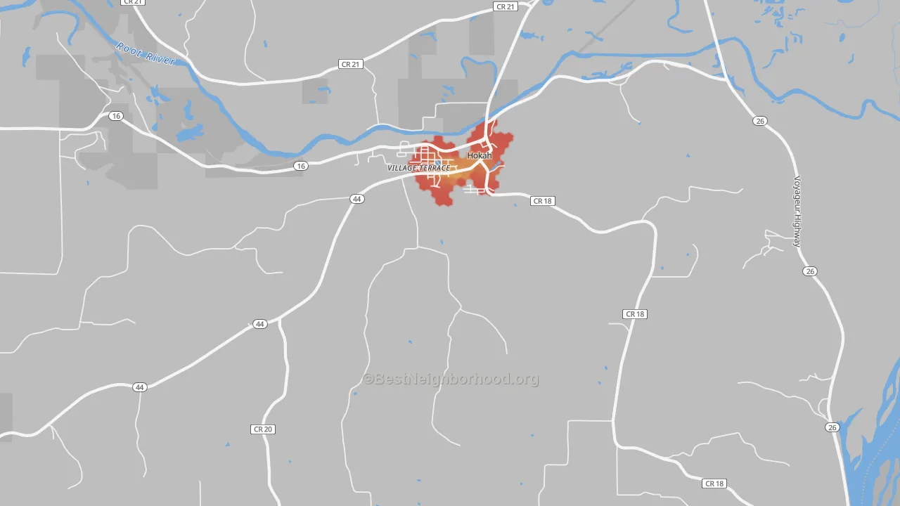 Walk Grade map of 55941, MN, walkable areas in green and car-dependent areas in red