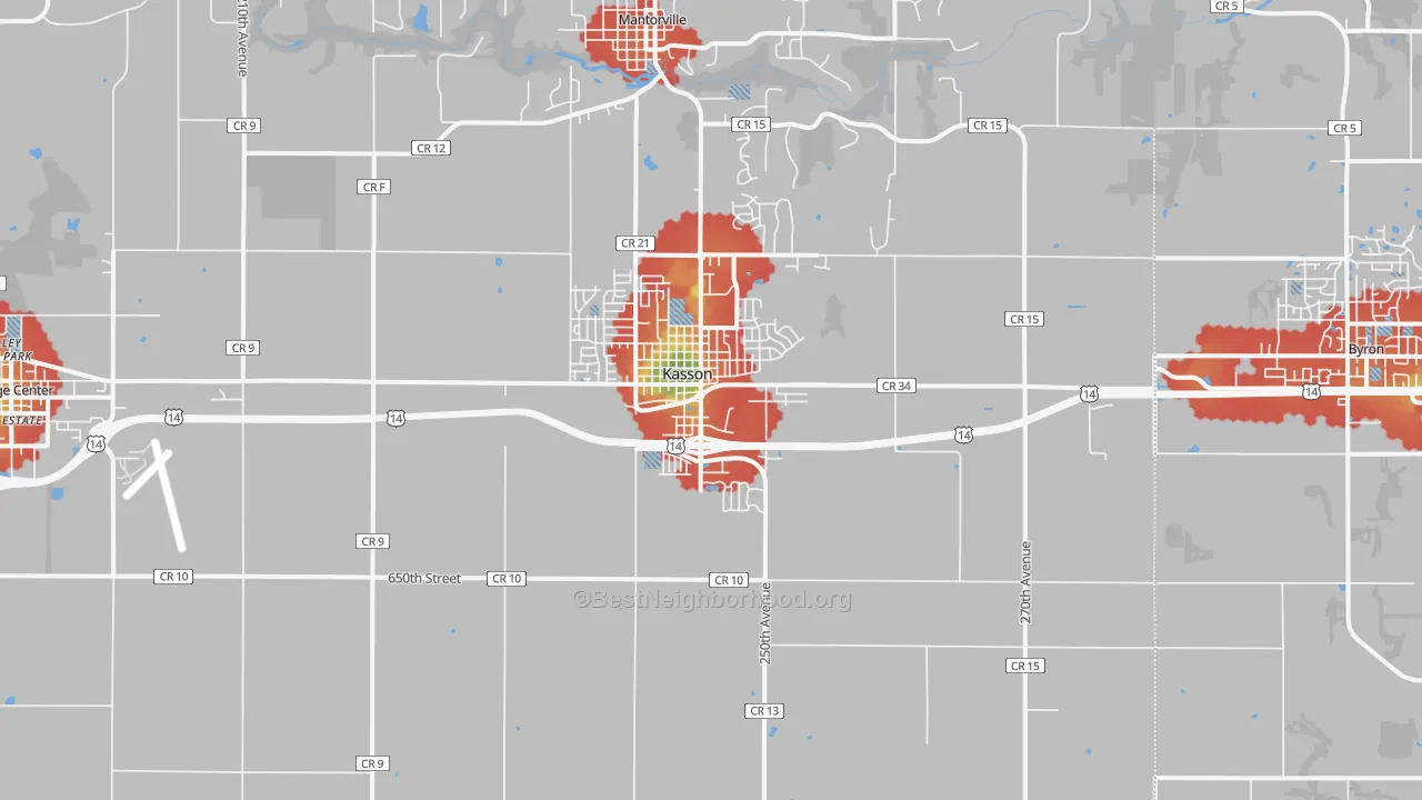 Walk Grade map of 55944, MN, walkable areas in green and car-dependent areas in red