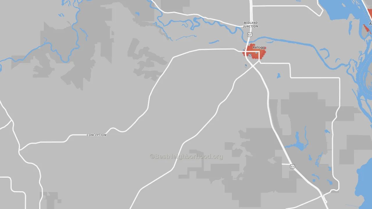 Walk Grade map of 55945, MN, walkable areas in green and car-dependent areas in red