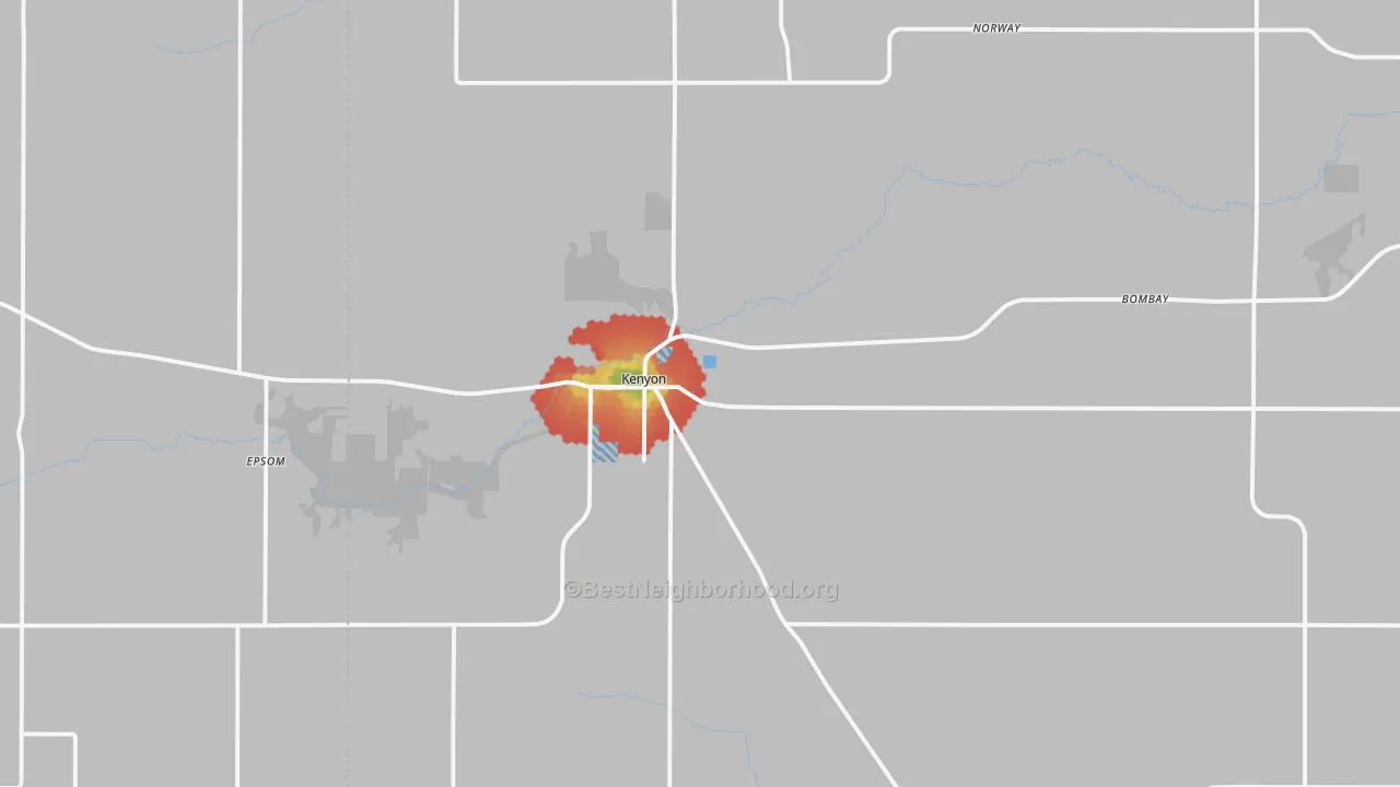 Walk Grade map of 55946, MN, walkable areas in green and car-dependent areas in red