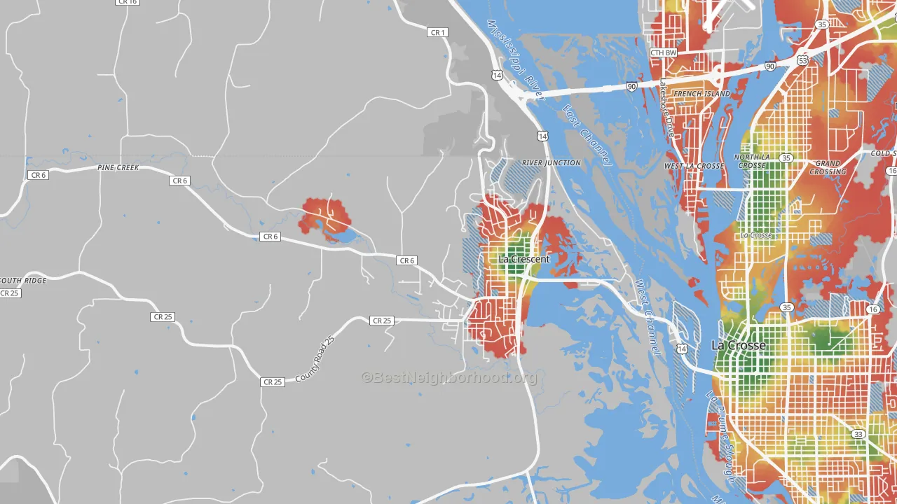 Walk Grade map of 55947, MN, walkable areas in green and car-dependent areas in red
