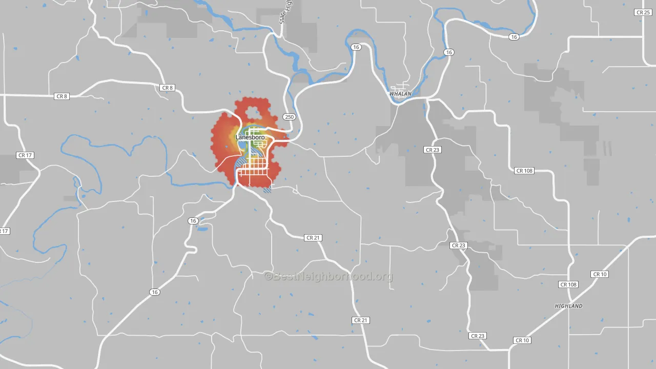 Walk Grade map of 55949, MN, walkable areas in green and car-dependent areas in red