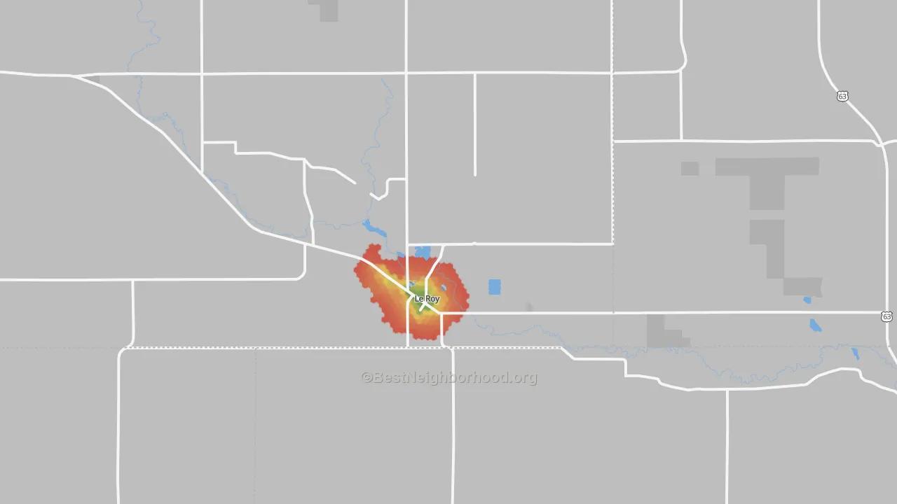 Walk Grade map of 55951, MN, walkable areas in green and car-dependent areas in red