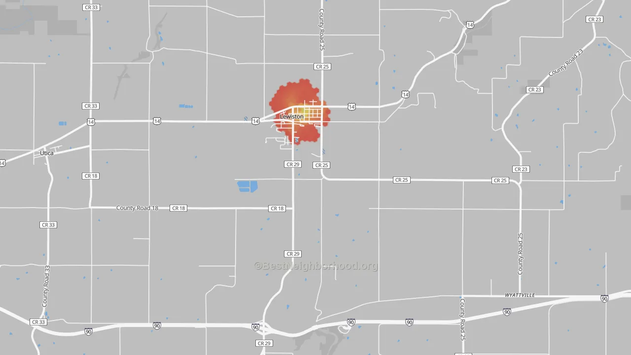 Walk Grade map of 55952, MN, walkable areas in green and car-dependent areas in red