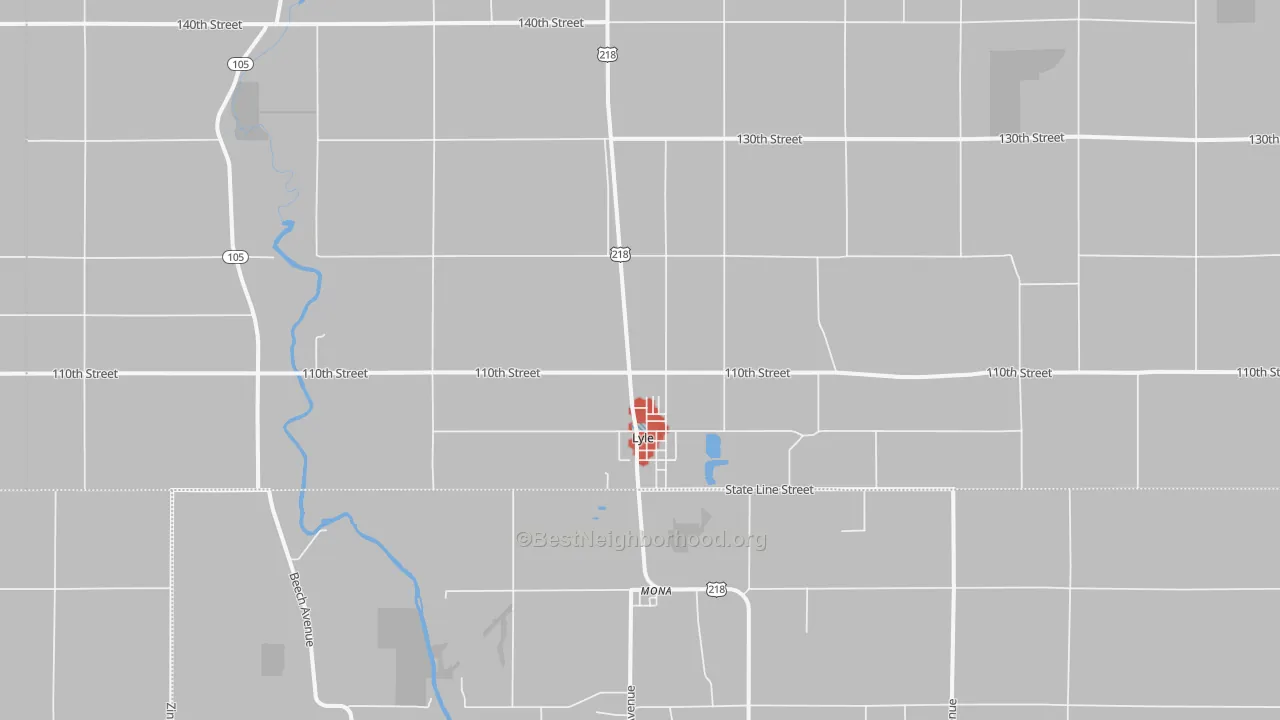 Walk Grade map of 55953, MN, walkable areas in green and car-dependent areas in red